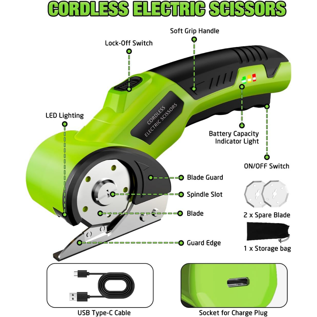 4V Rechargeable Cordless Electric Scissors with Safety Lock (Green) detail 1