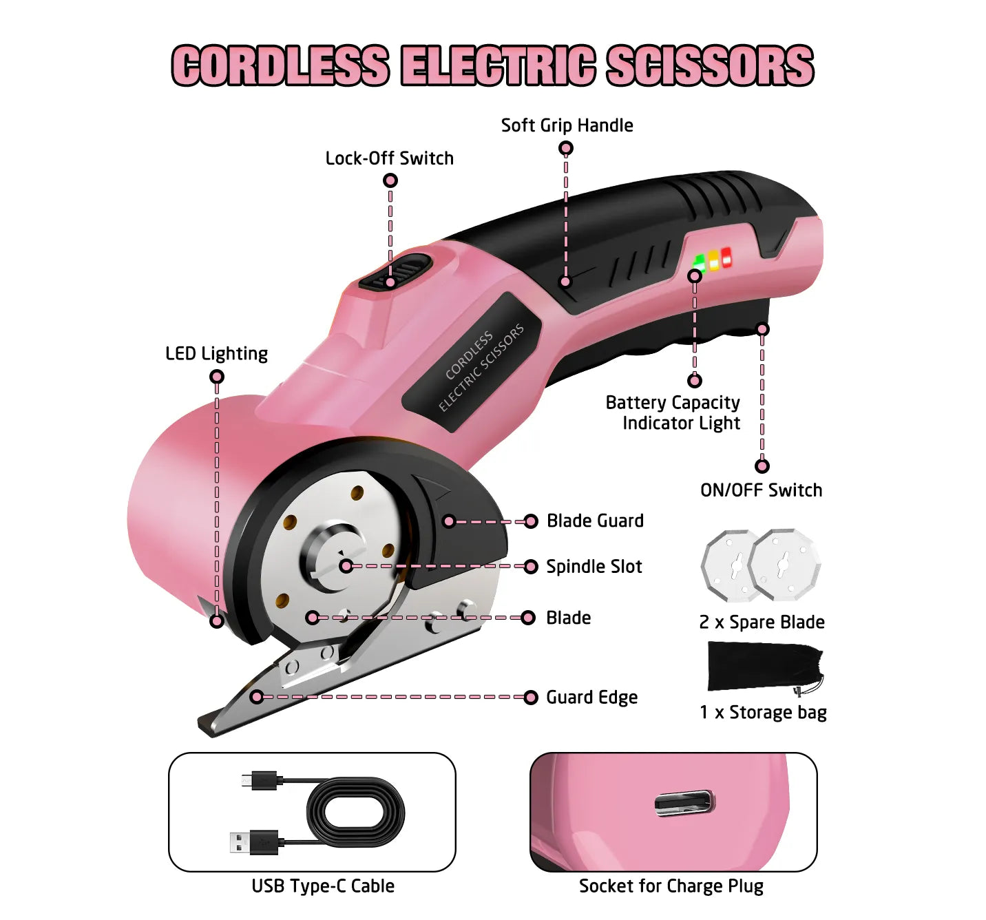 4V Rechargeable Cordless Electric Scissors with Safety Lock (Pink) detail 3