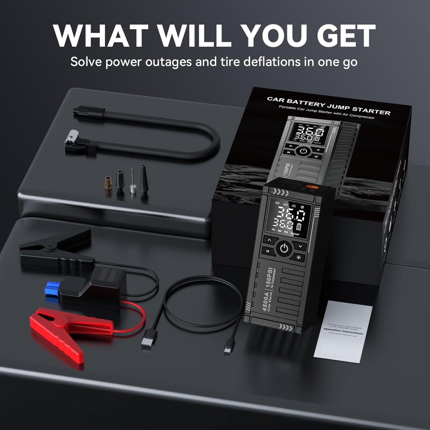 KOLTGOO Car Battery Jump Starter with Air Compressor - 4500A 150PSI