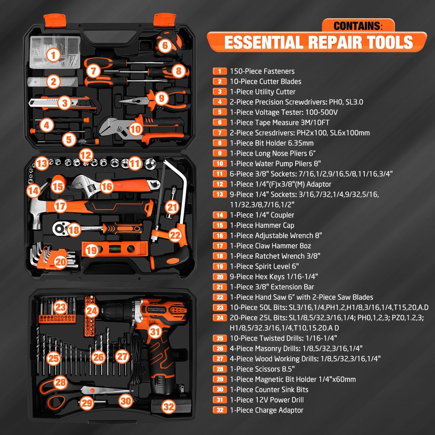 KingTool 255-piece home tool kit with 12V drill