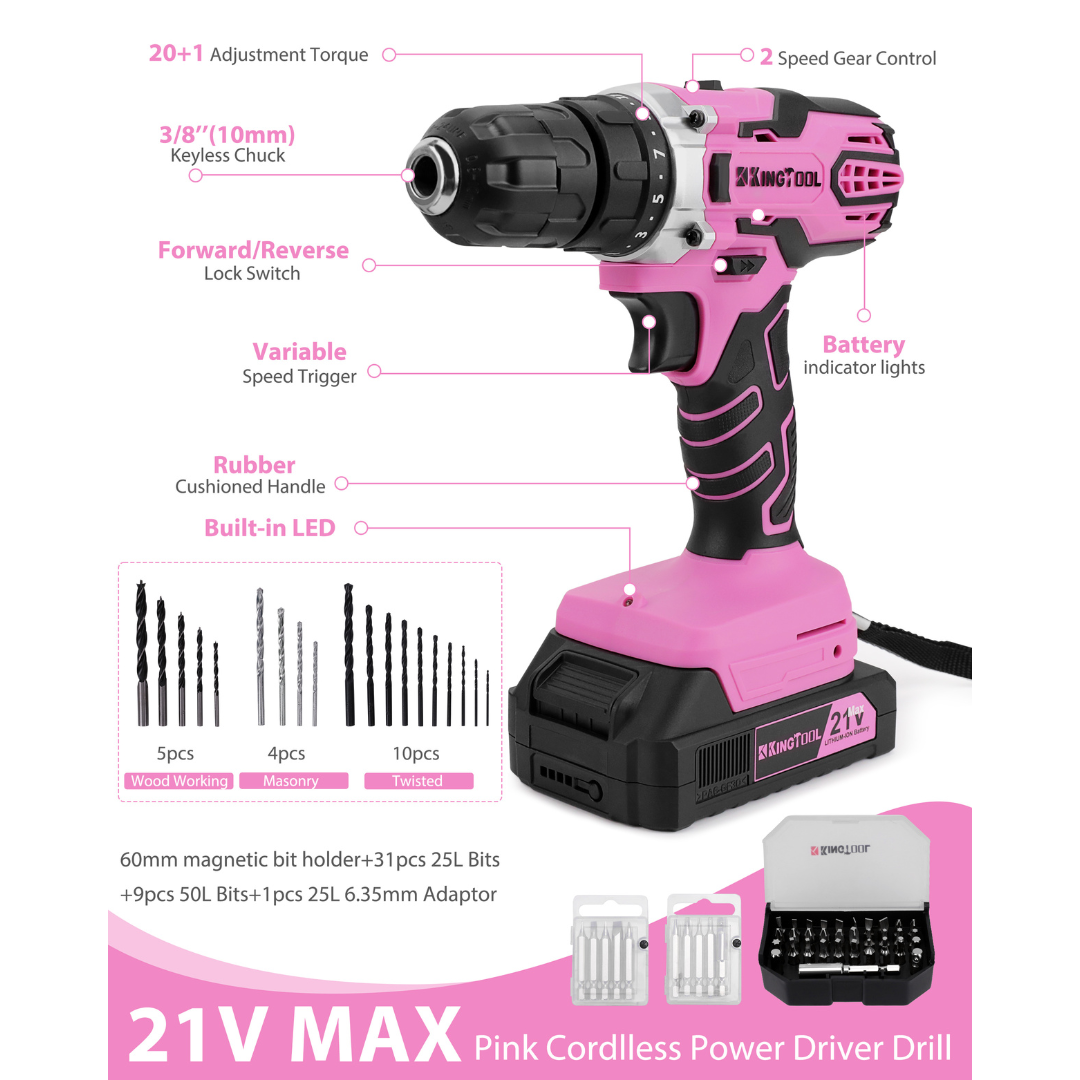 KingTool 267 PCS Pink Home Tool Kit with 21V Drill Storage Bag detail 1