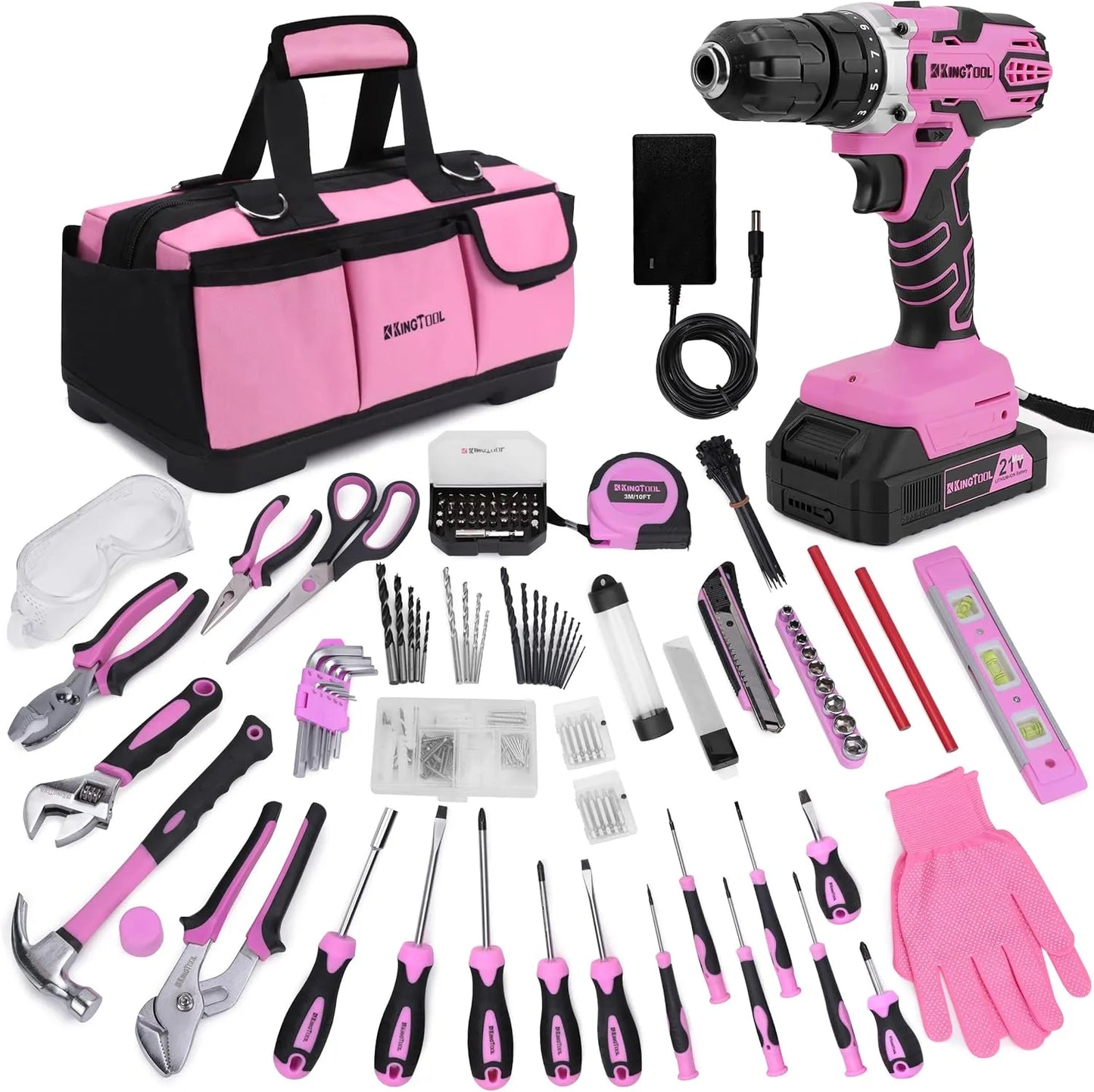KingTool 267-PCS tool kit in pink with drill and bag