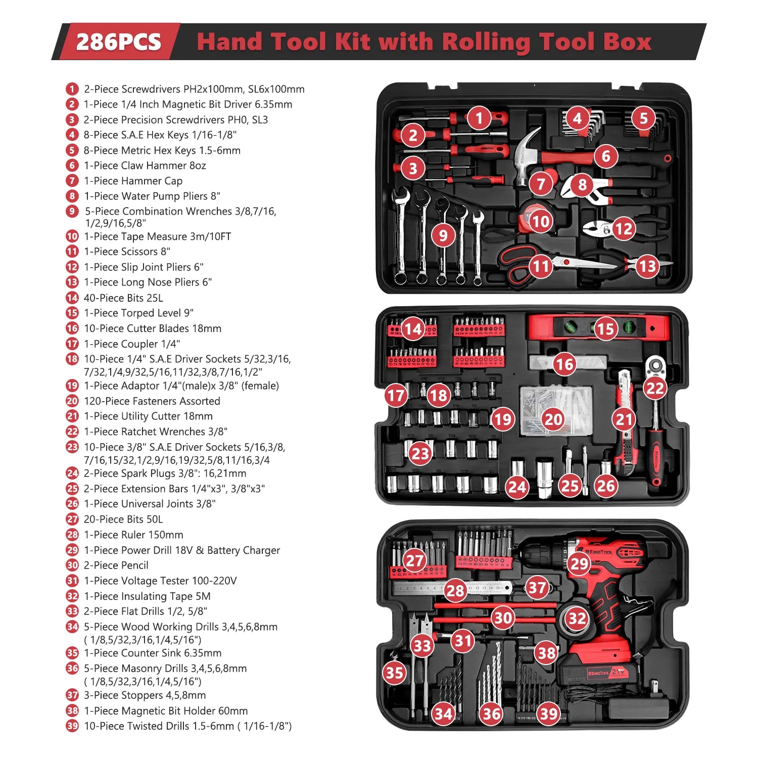KingTool 286 PCS Home Tool Kit with Rolling Case 21V Drill detail 1