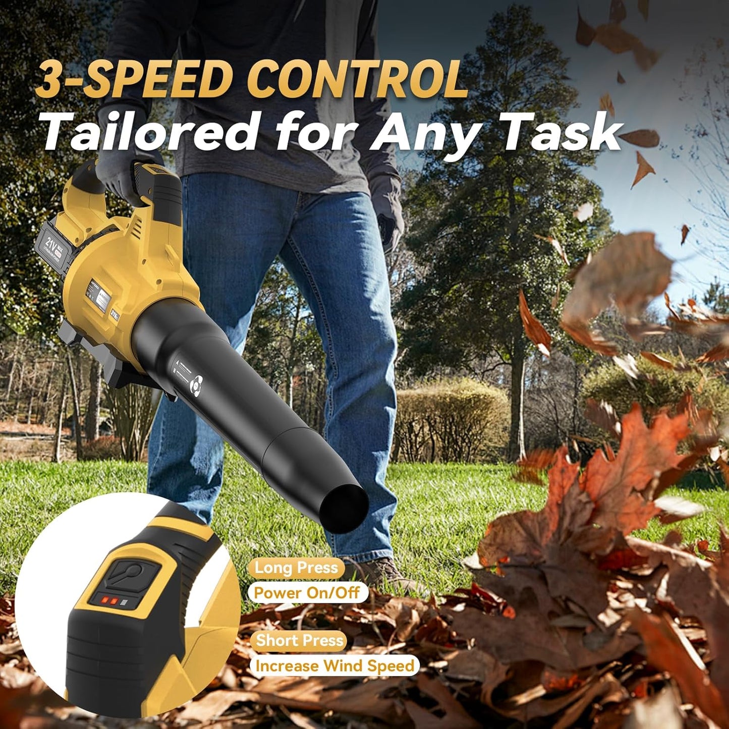 21V cordless leaf blower clearing wet leaves