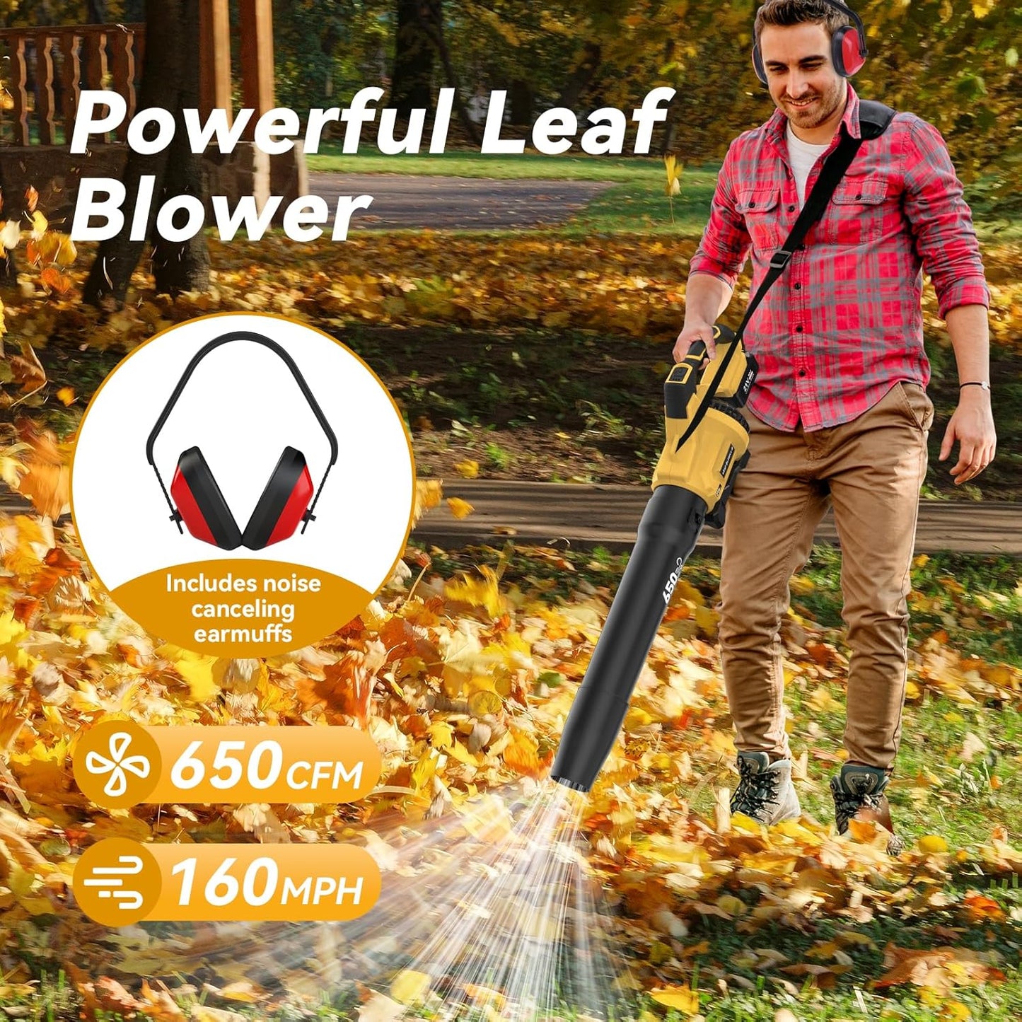 21V cordless leaf blower clearing wet leaves