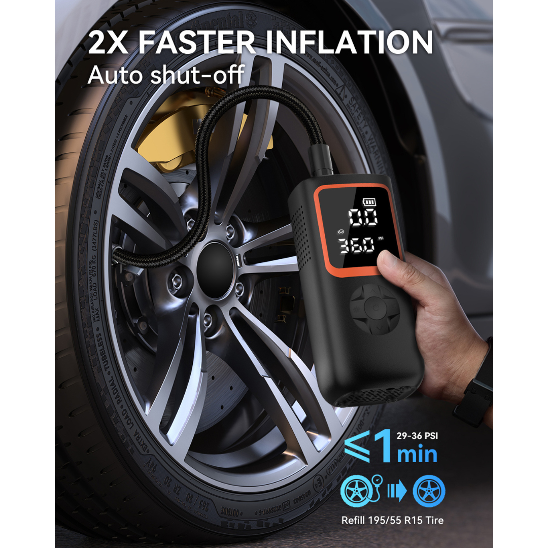Portable air pump inflating car tire