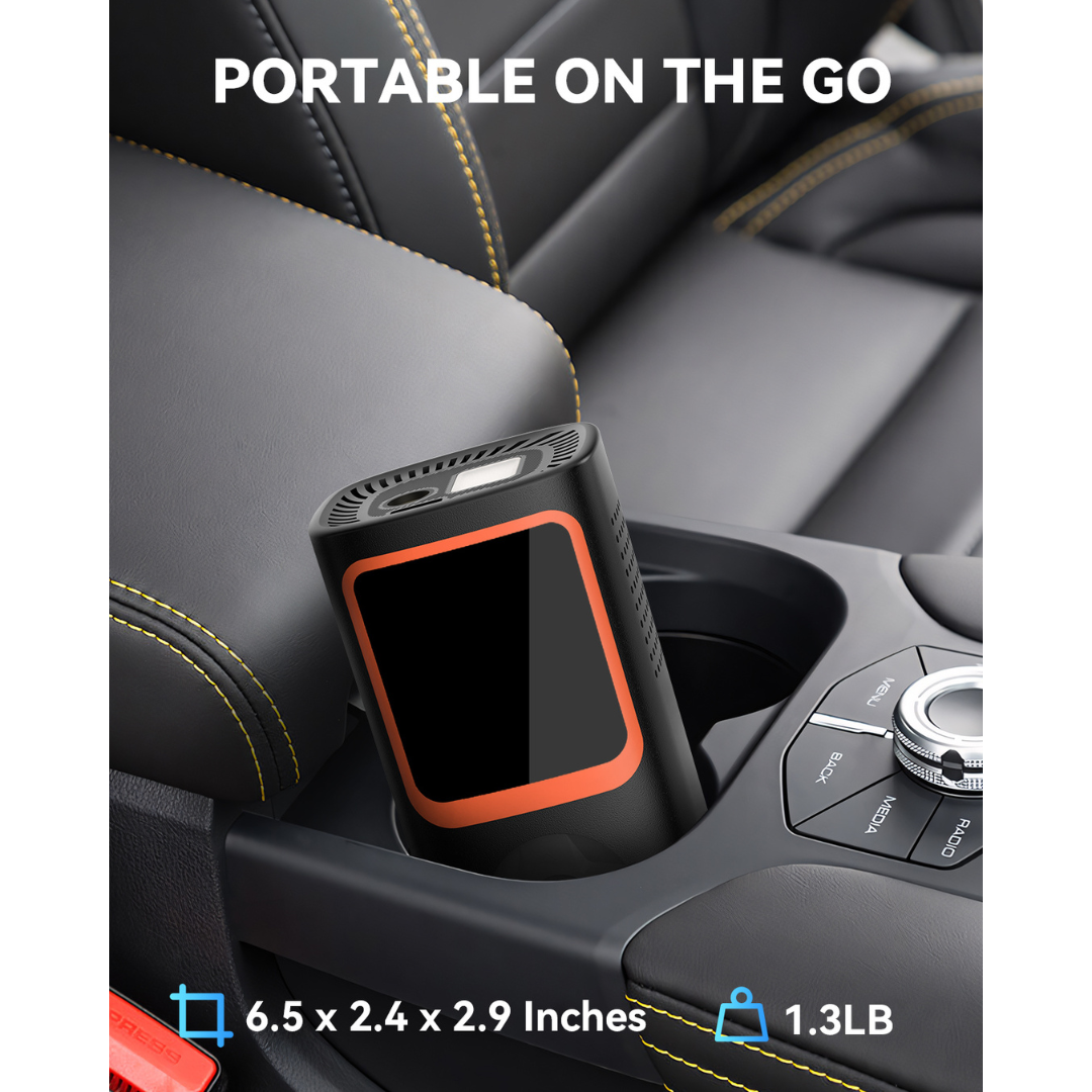 Portable air pump inflating car tire