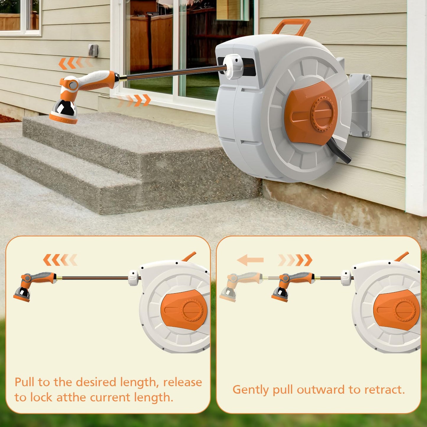 Wall-mounted retractable hose reel in use