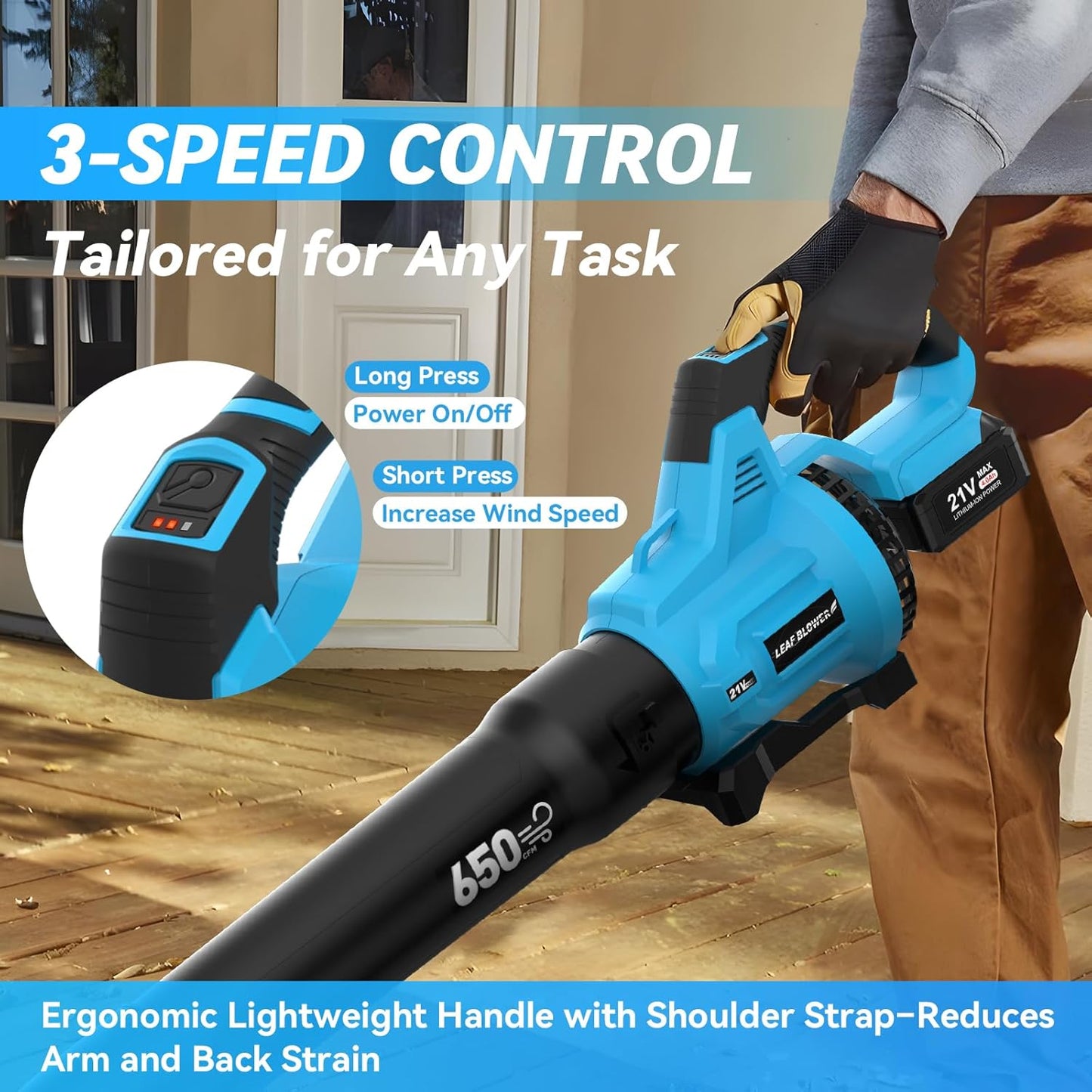 Cordless leaf blower clearing leaves