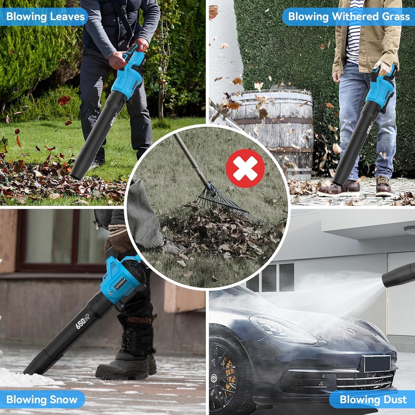 Cordless leaf blower clearing leaves