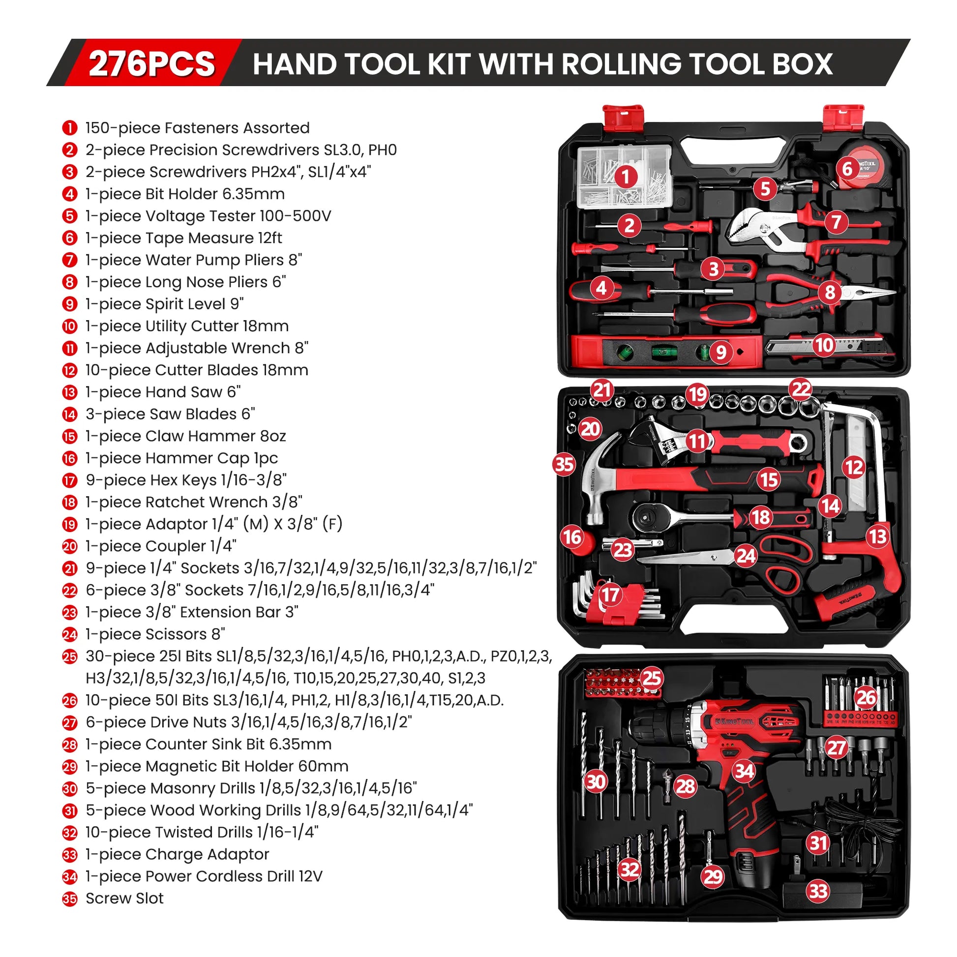 KingTool 276-PCS tool kit with 12V drill and drawer case
