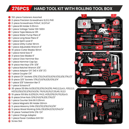 KingTool 276-PCS tool kit with 12V drill and drawer case