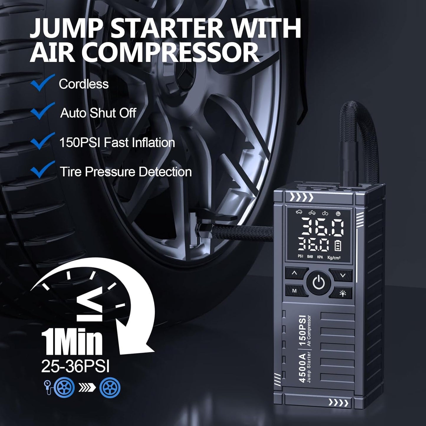 KOLTGOO Car Battery Jump Starter with Air Compressor - 4500A 150PSI