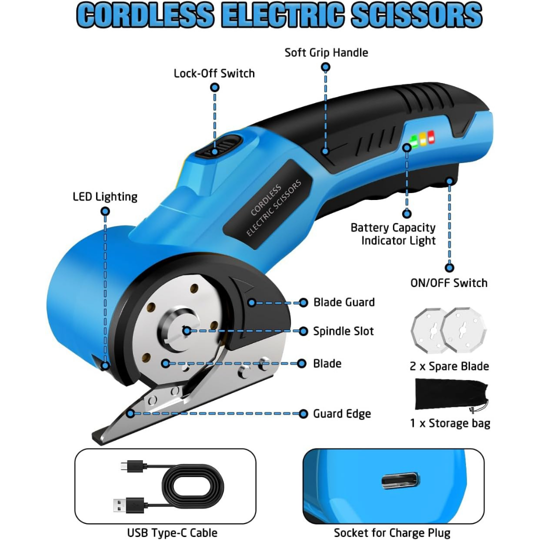 4V Rechargeable Cordless Electric Scissors with Safety Lock (Blue)