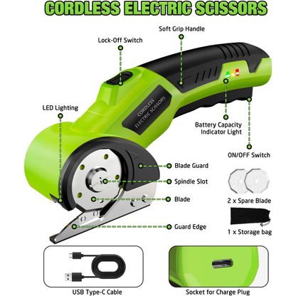 4V Rechargeable Cordless Electric Scissors with Safety Lock (Green)