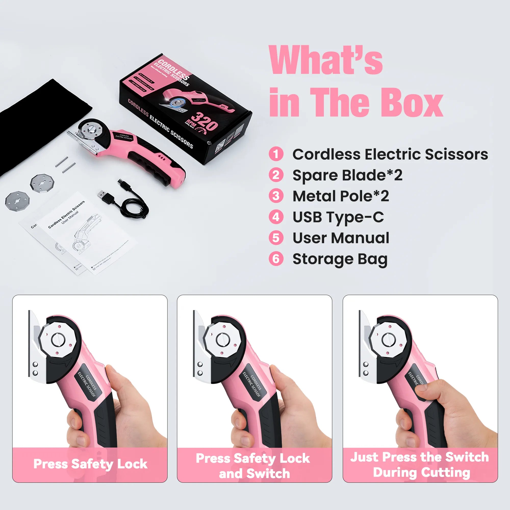 4V Rechargeable Cordless Electric Scissors with Safety Lock (Pink) detail 1