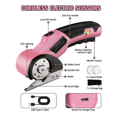 4V cordless electric scissors with 3 blades in pink