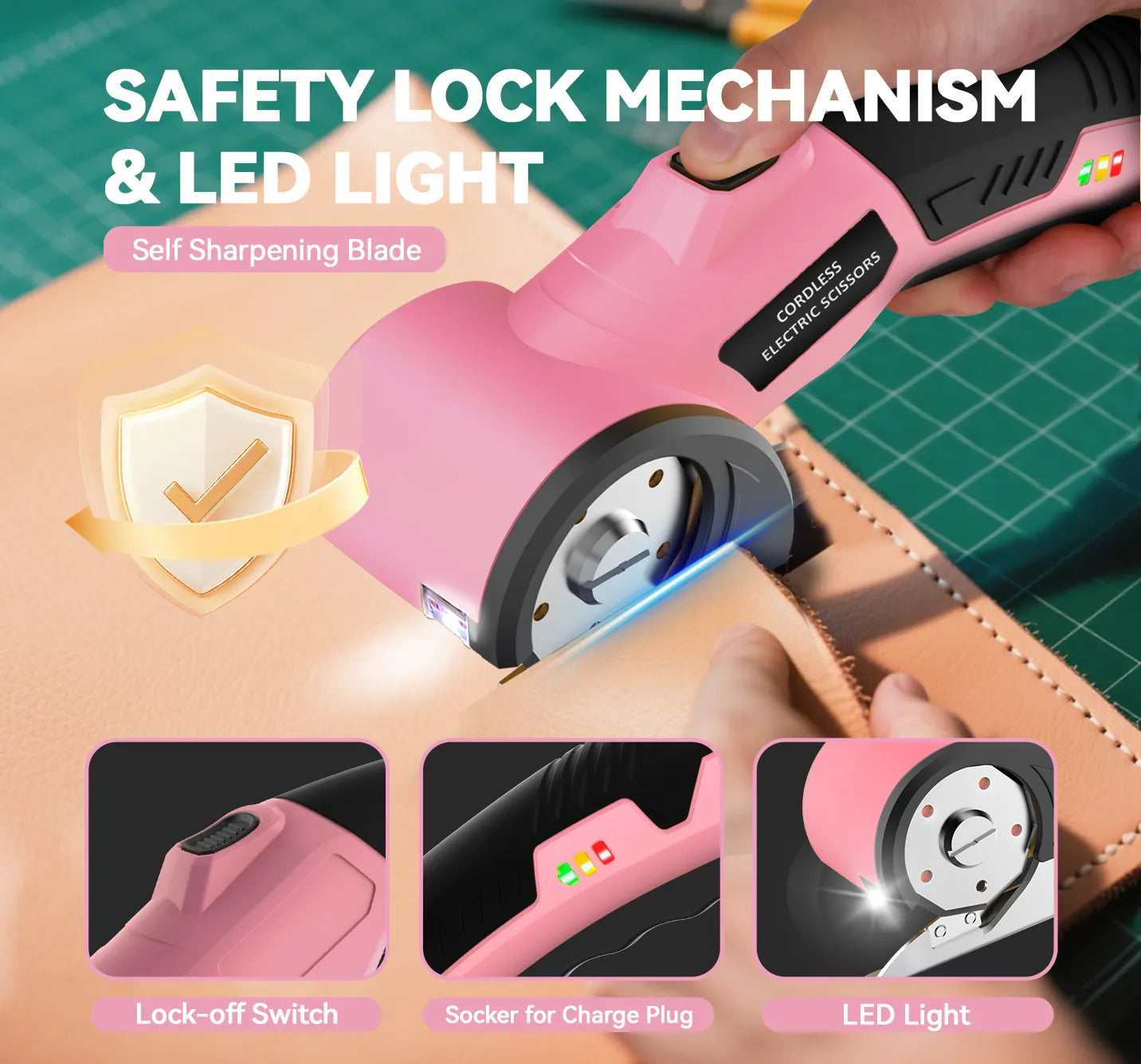 4V cordless electric scissors with 3 blades in pink