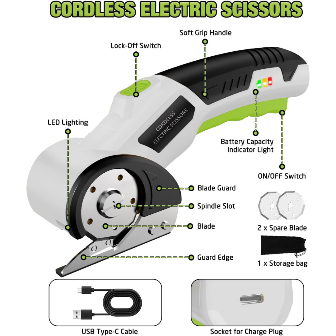 4V Rechargeable Cordless Electric Scissors with Safety Lock (White)