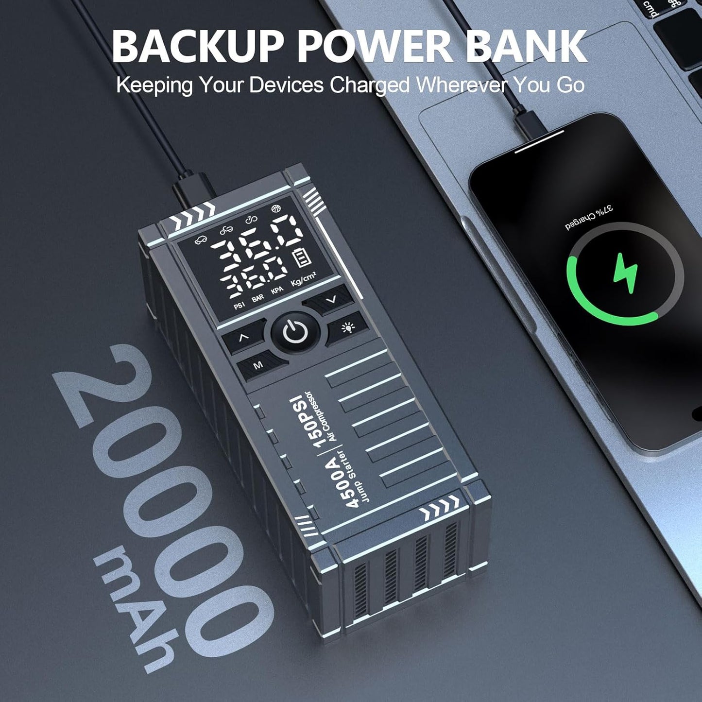 KOLTGOO Car Battery Jump Starter with Air Compressor - 4500A 150PSI