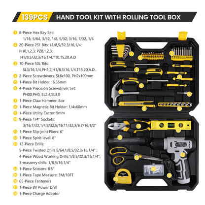 KingTool 139-PCS tool kit with 8V drill