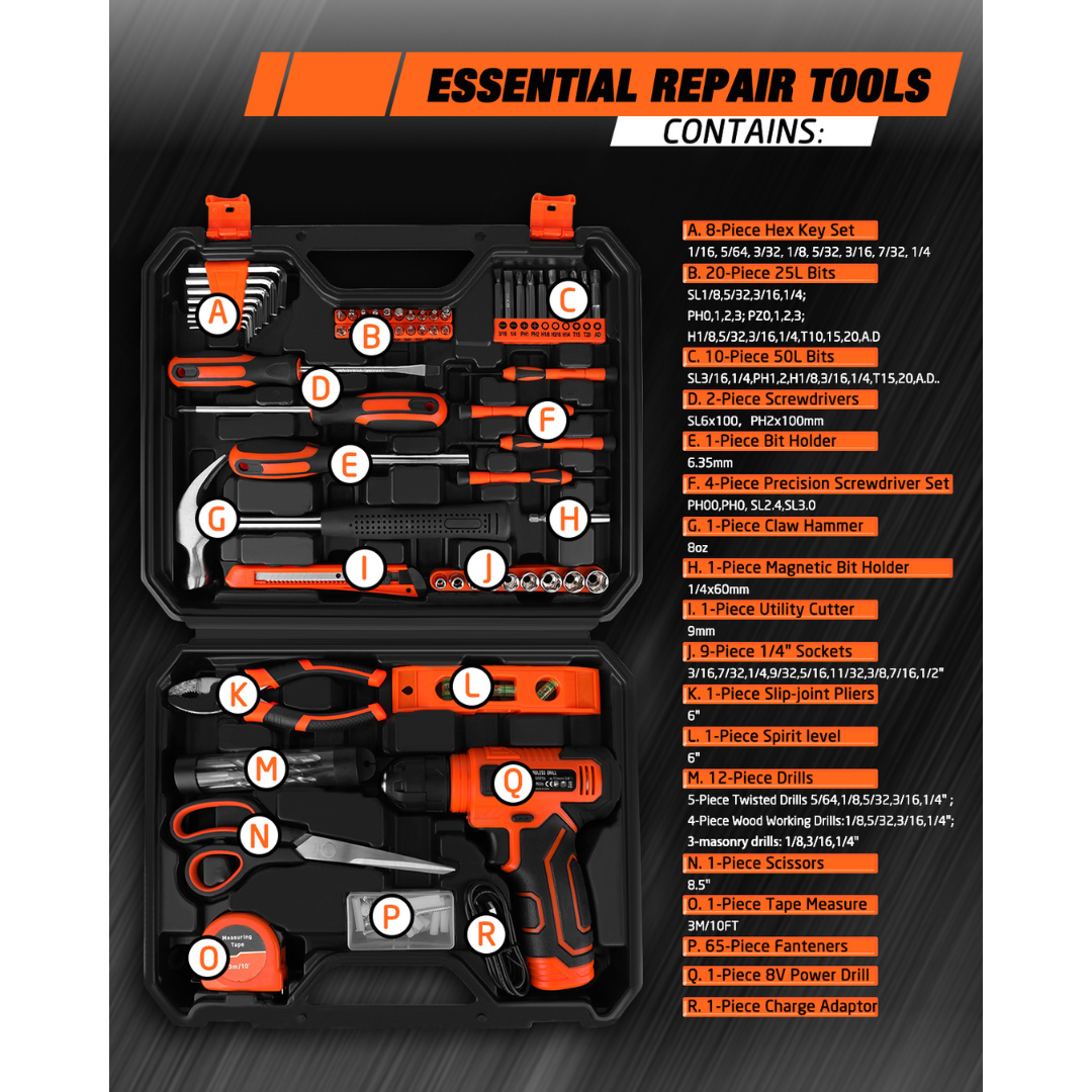 KingTool 139-PCS tool kit with 8V drill