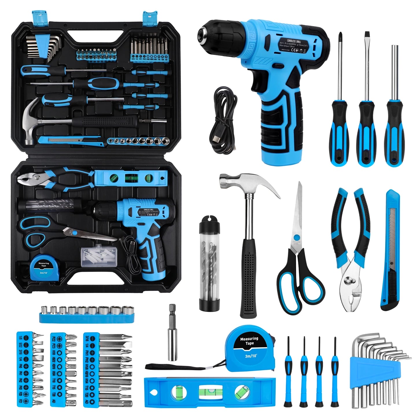 KingTool 139 PCS Home Tool Kit with 8V Drill Storage Case (Blue)