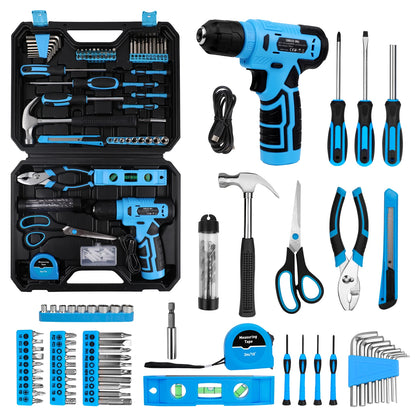 KingTool 139 PCS Home Tool Kit with 8V Drill Storage Case (Blue)