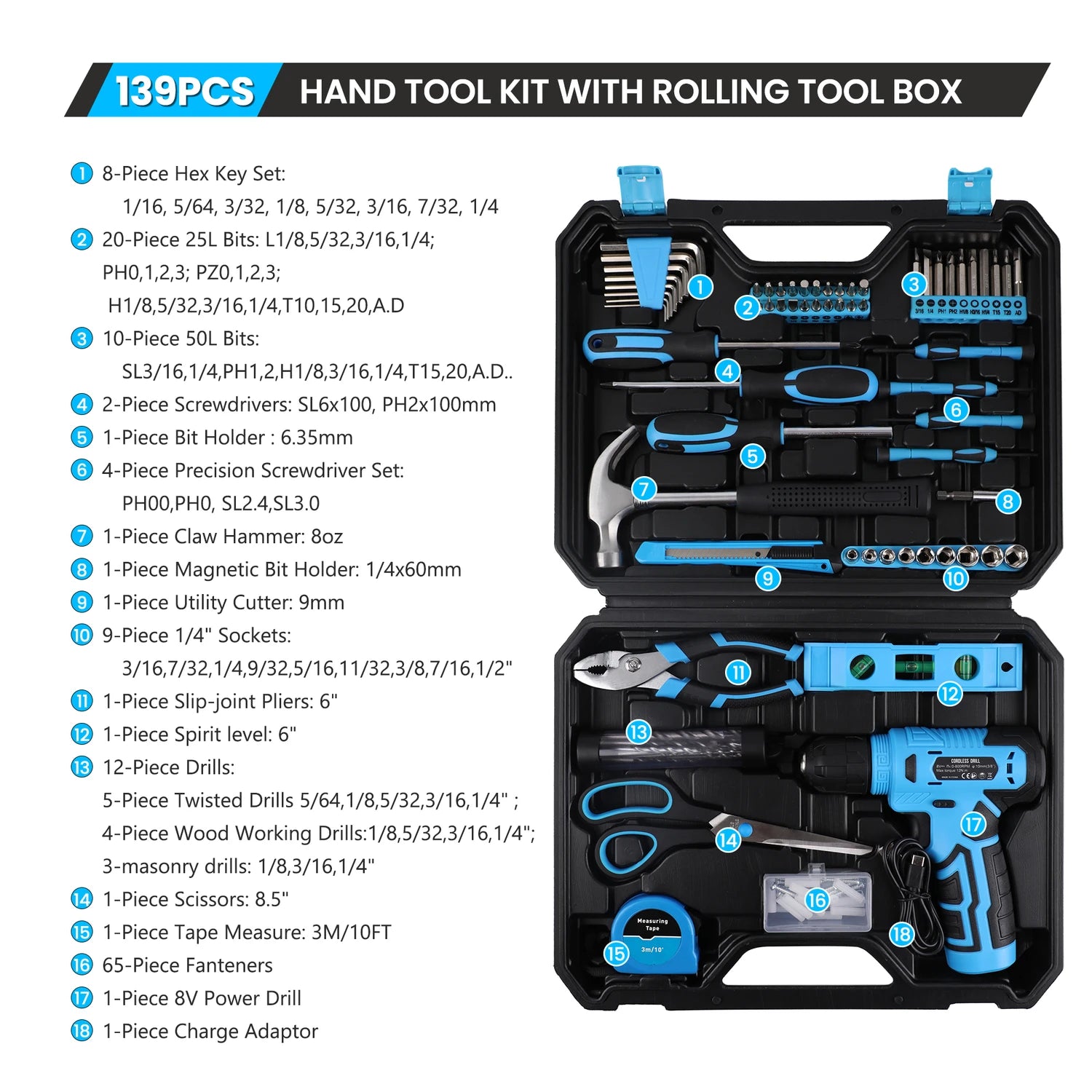 KingTool 139 PCS Home Tool Kit with 8V Drill Storage Case (Blue) detail 1