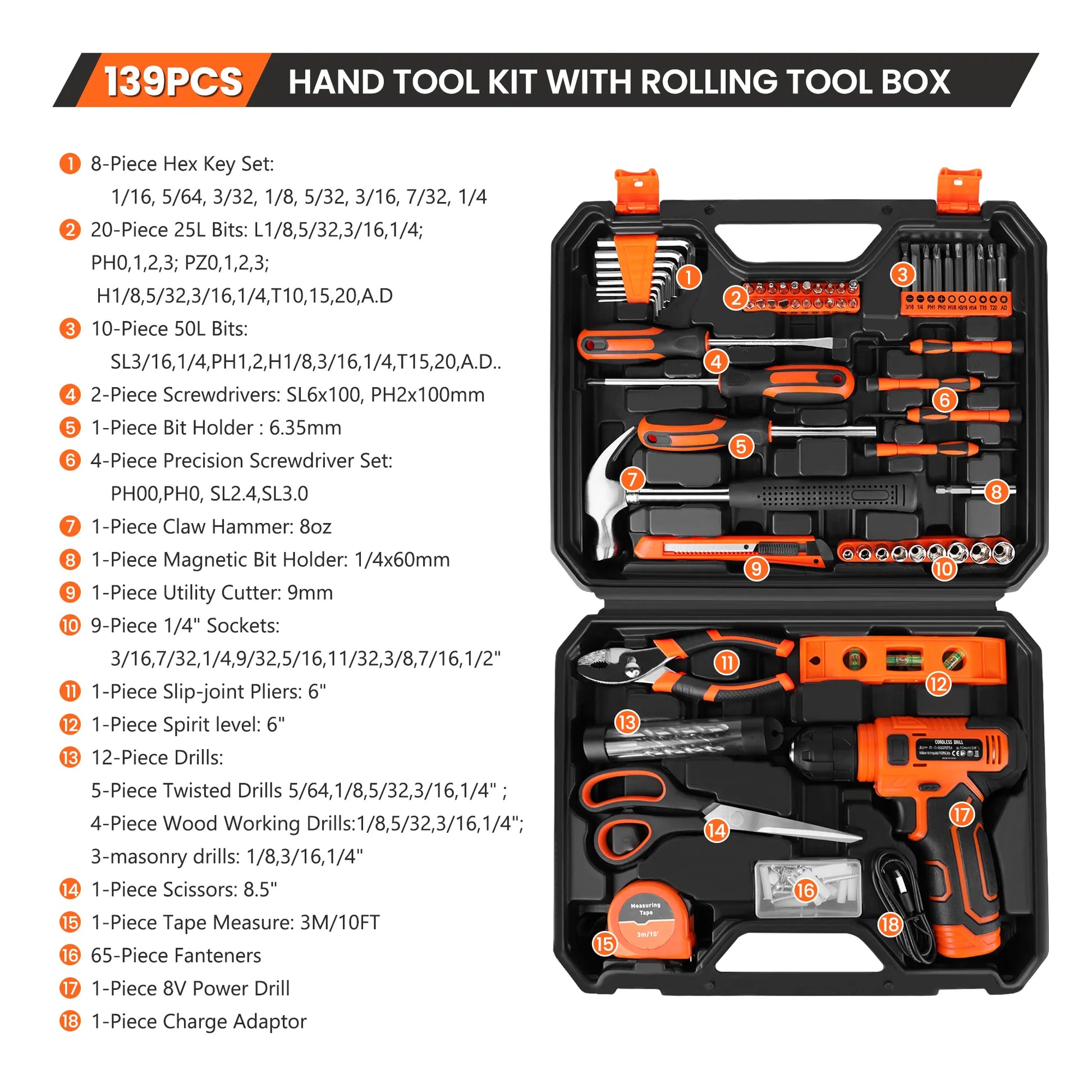 KingTool 139-PCS tool kit with 8V drill