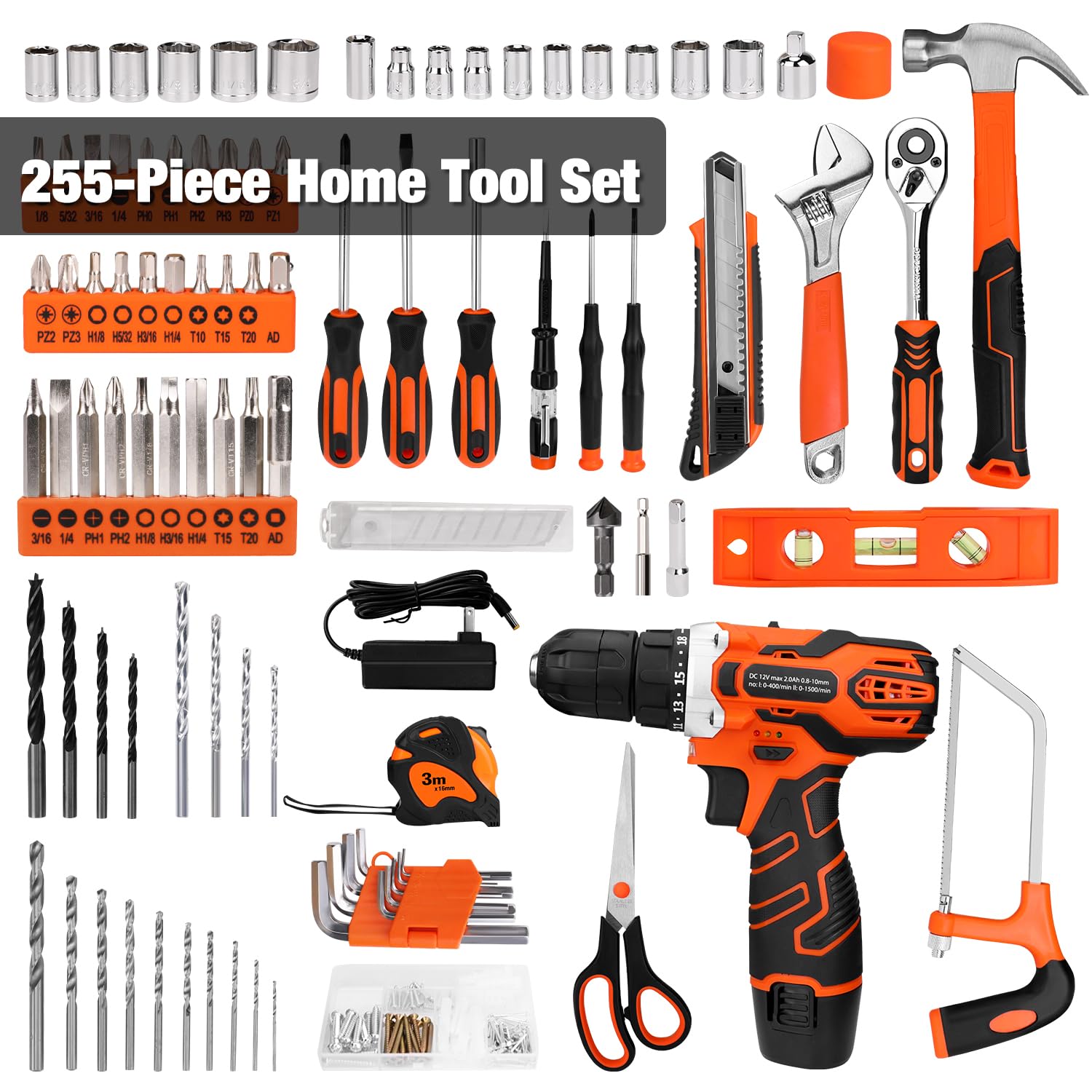 KingTool 255-piece home tool kit with 12V drill