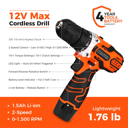 KingTool 255-piece home tool kit with 12V drill