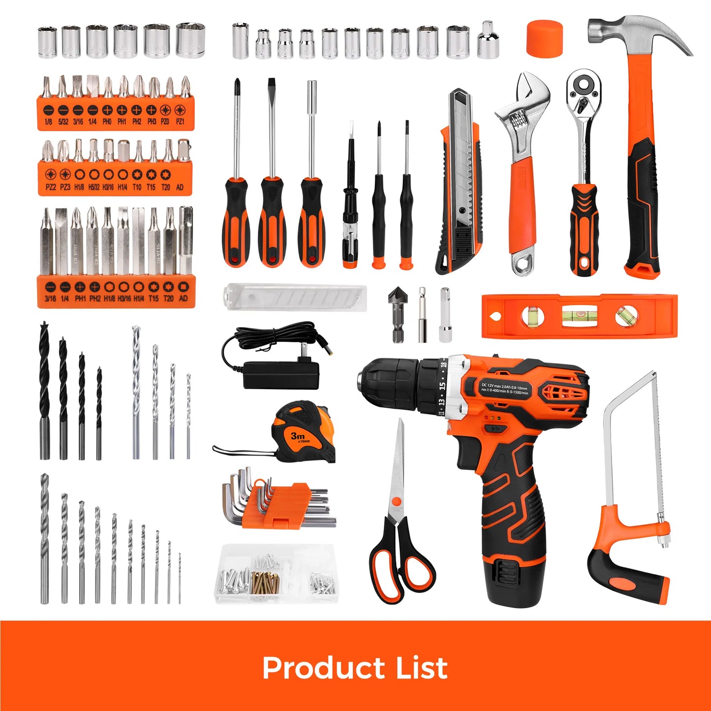 KingTool 255-piece home tool kit with 12V drill