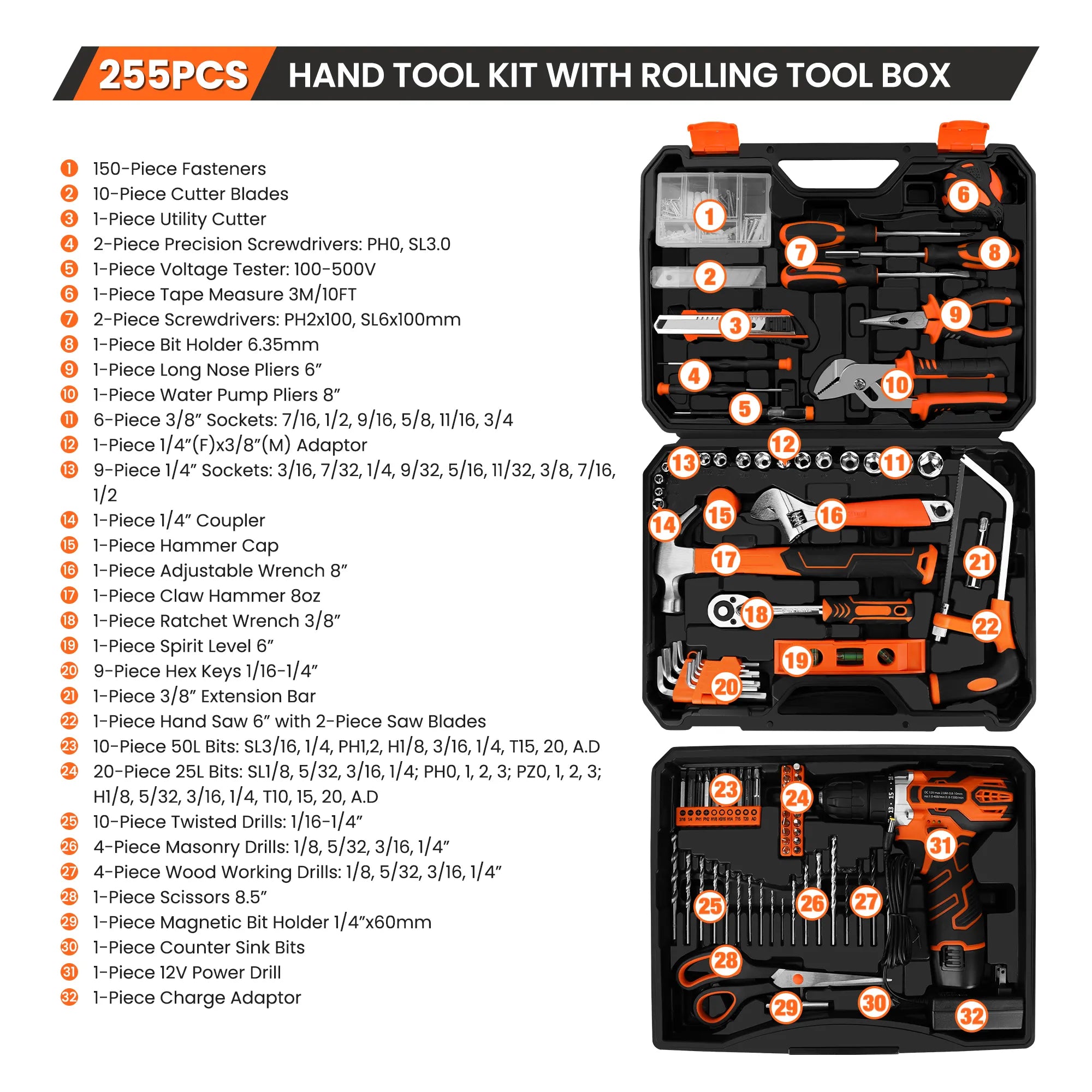 KingTool 255 PCS Home Tool Kit with 12V Drill Storage Case detail 1