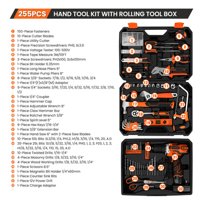 KingTool 255-piece home tool kit with 12V drill