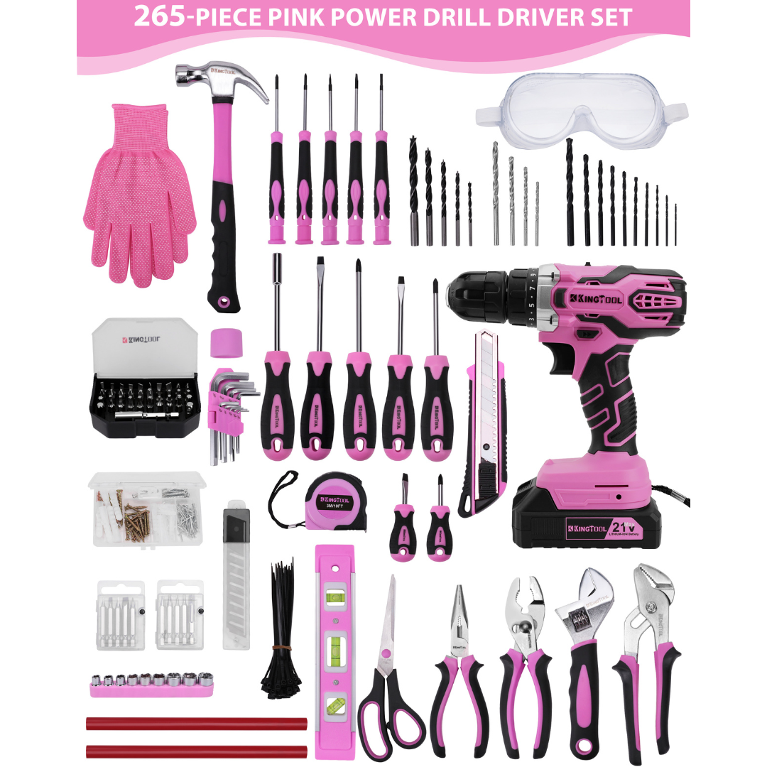 KingTool 267-PCS tool kit in pink with drill and bag