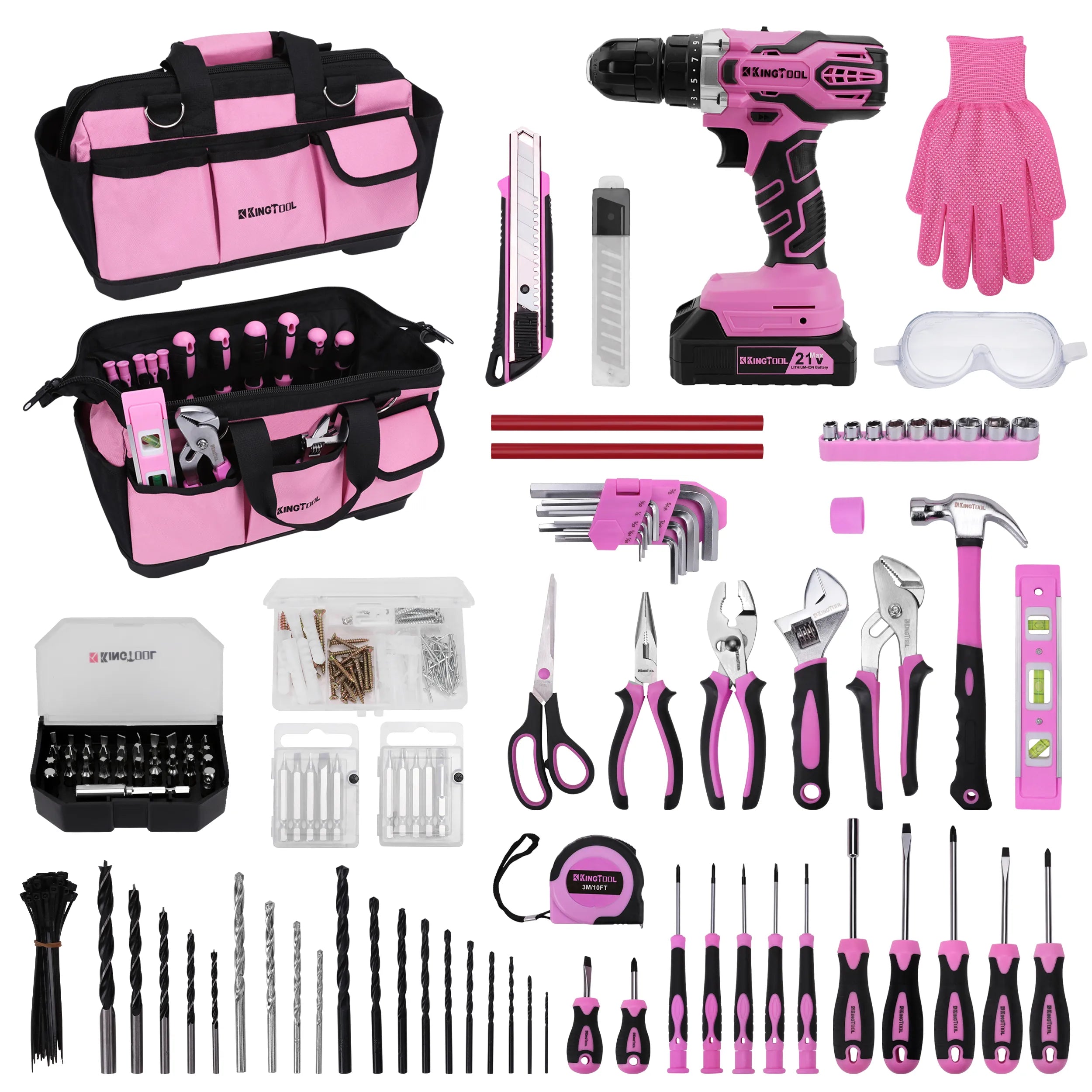 KingTool 267-PCS tool kit in pink with drill and bag