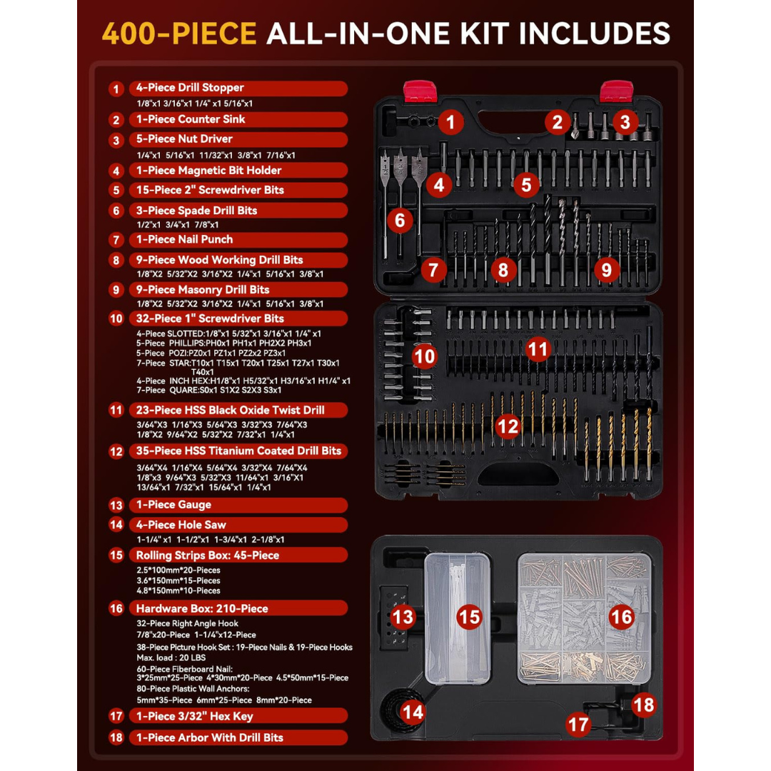KingTool 400-PCS drill bit set with slide-drawer case