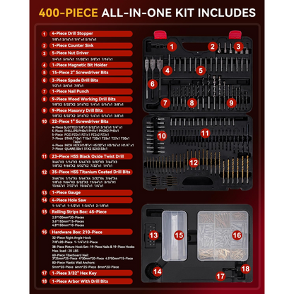 KingTool 400-PCS drill bit set with slide-drawer case