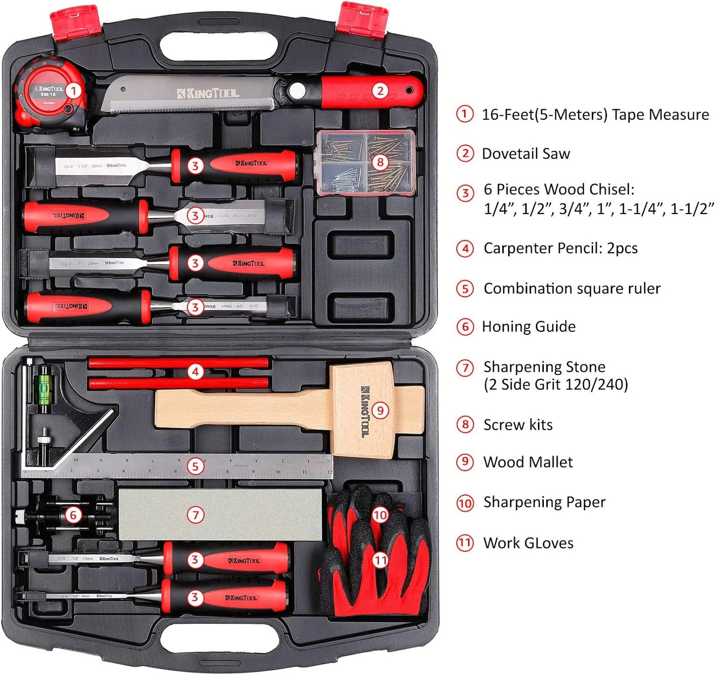 KingTool 87-piece woodworking set with Cr-V chisels