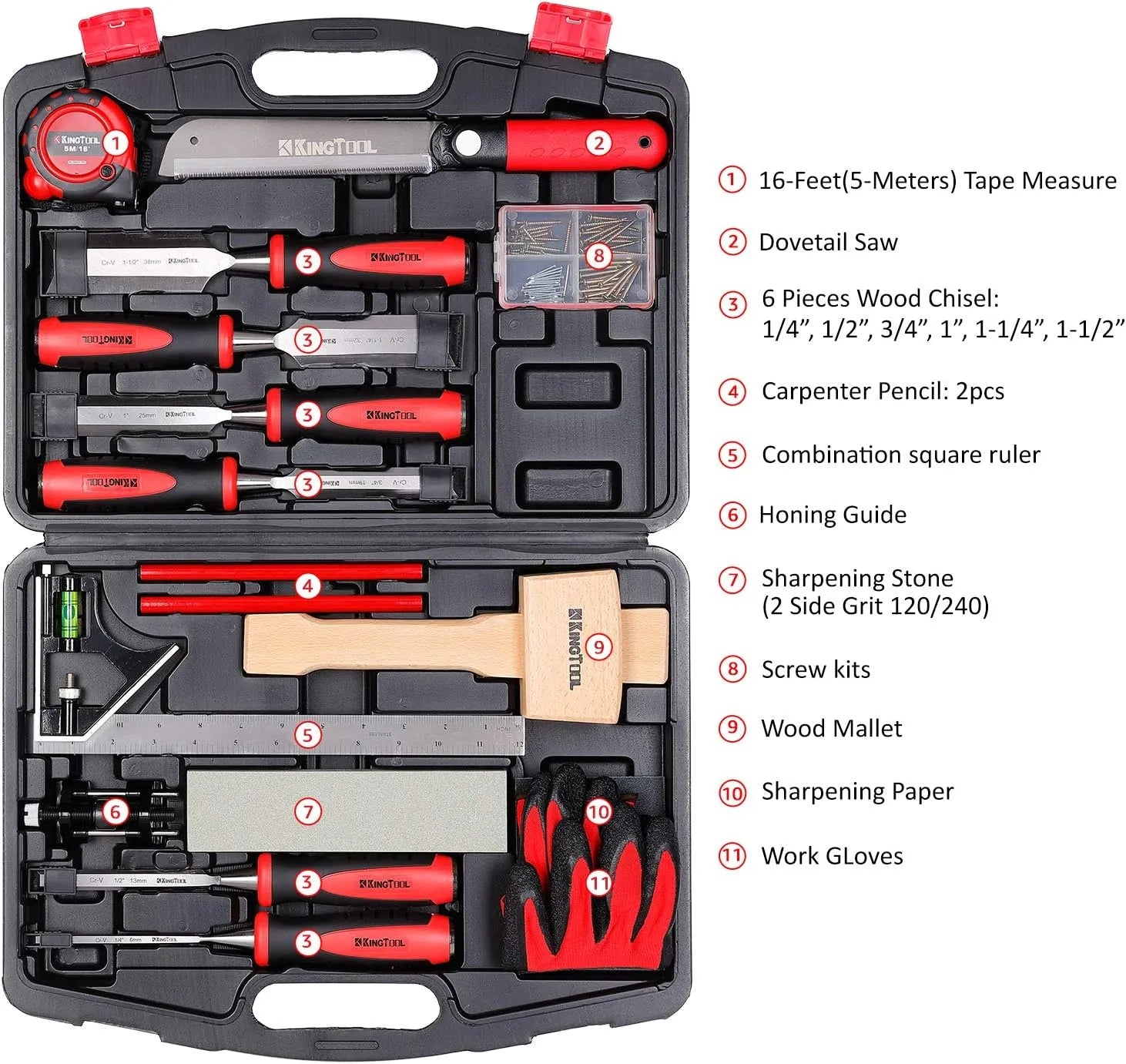 KingTool 87-piece woodworking set with Cr-V chisels
