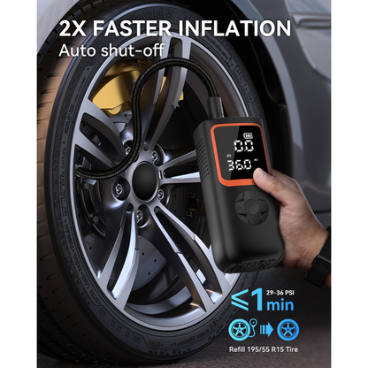 Portable air pump inflating car tire