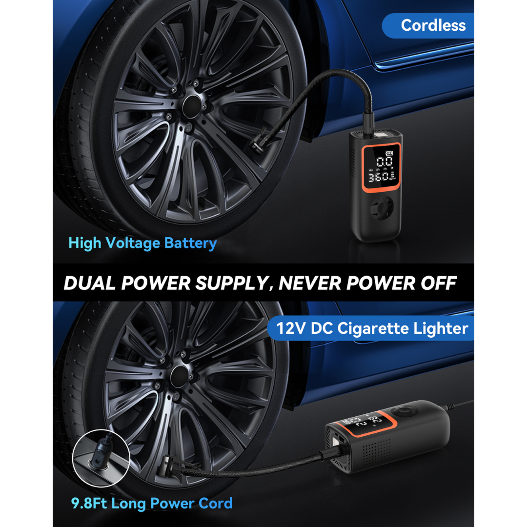 Portable air pump inflating car tire
