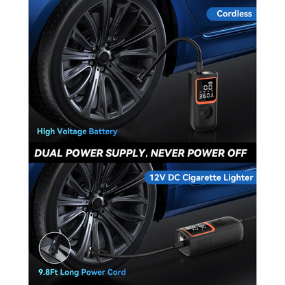 Portable air pump inflating car tire