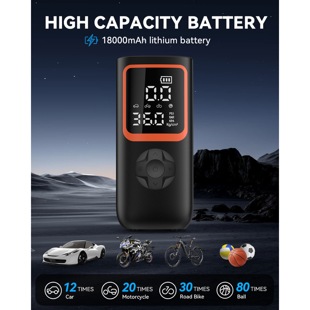 Portable air pump inflating car tire