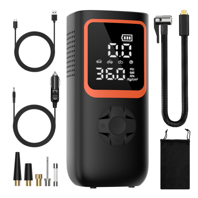Portable air pump inflating car tire