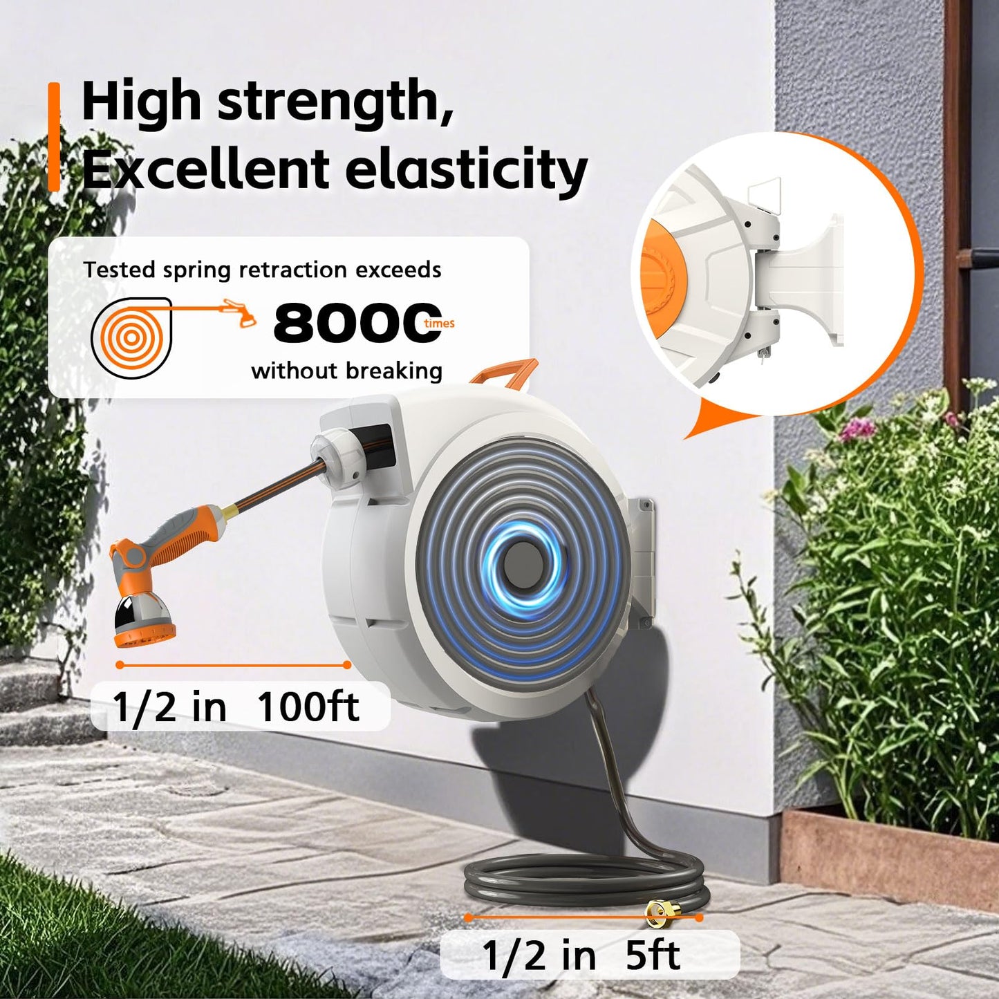 Wall-mounted retractable hose reel in use