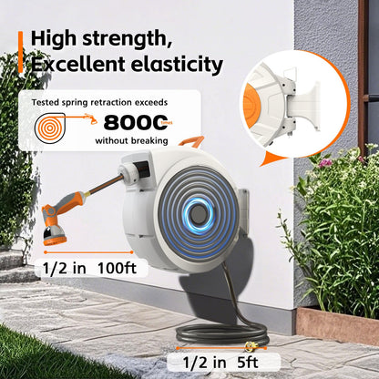 Wall-mounted retractable hose reel in use
