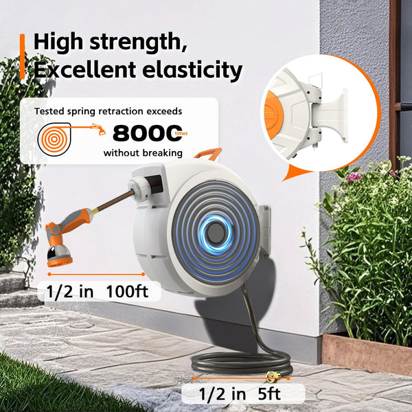 Wall-mounted retractable hose reel in use