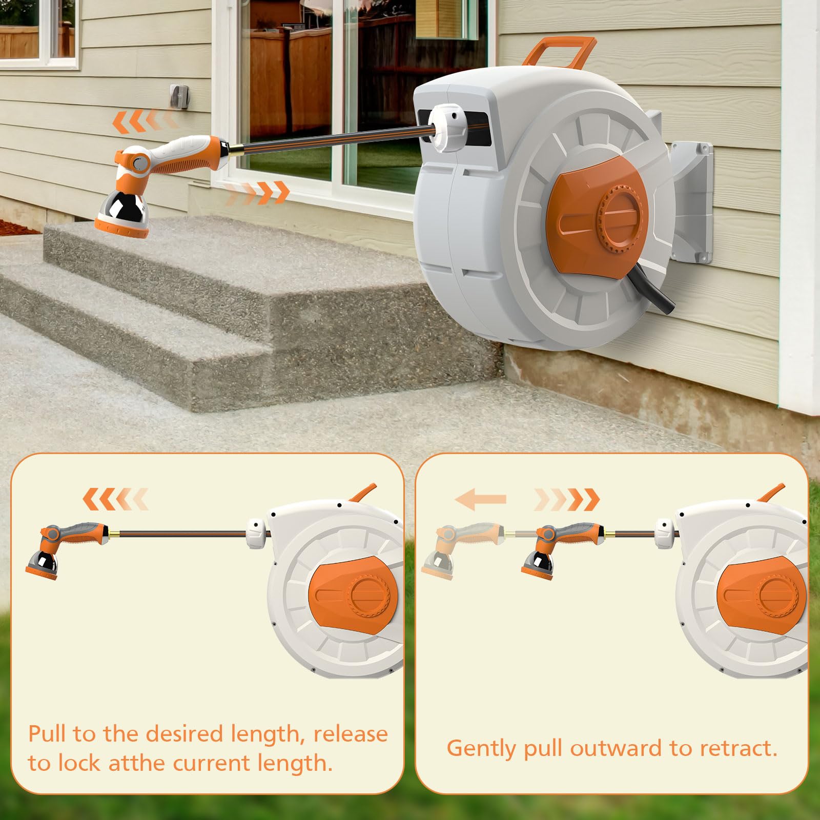 Wall-mounted retractable hose reel in use